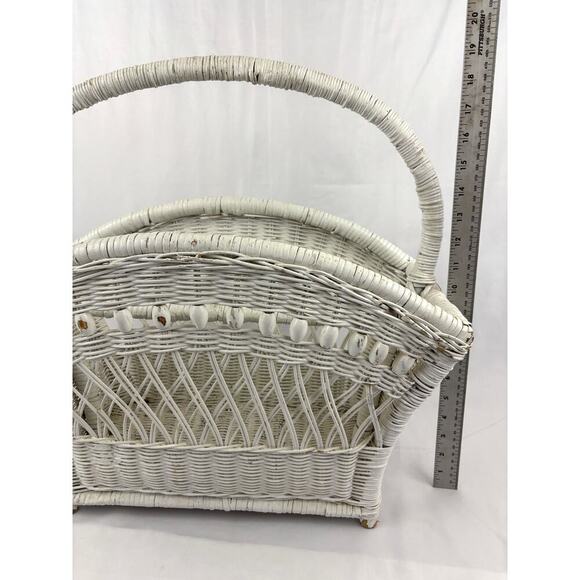 Vintage White Wicker Magazine Basket Holder Wooden 19.5" 1960's Storage Rack - Picture 4 of 16